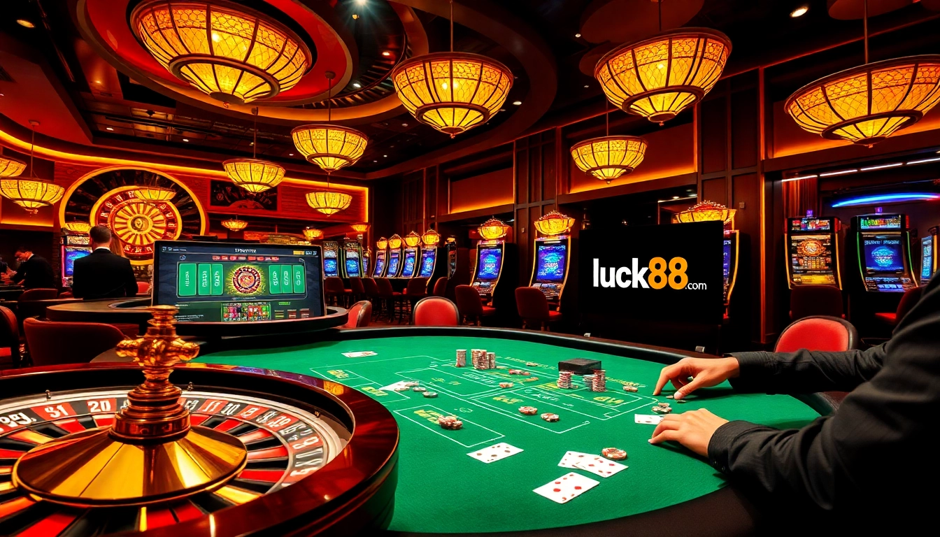 Players engaging in table games and slot machines at luck88 com's luxurious casino.