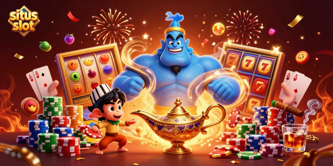 Engage in situs slot fun with a vibrant casino scene filled with dynamic elements and characters.