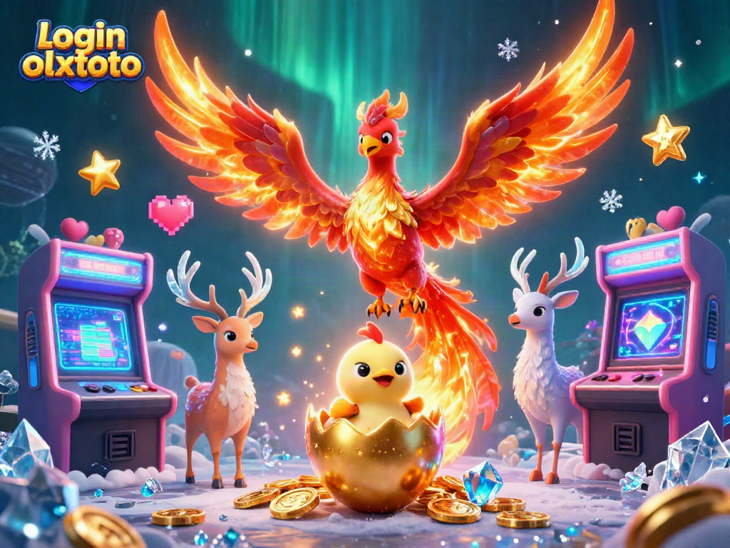 Login olxtoto dengan phoenix berapi, mesin arcade, dan efek berkilau di belakangnya.
