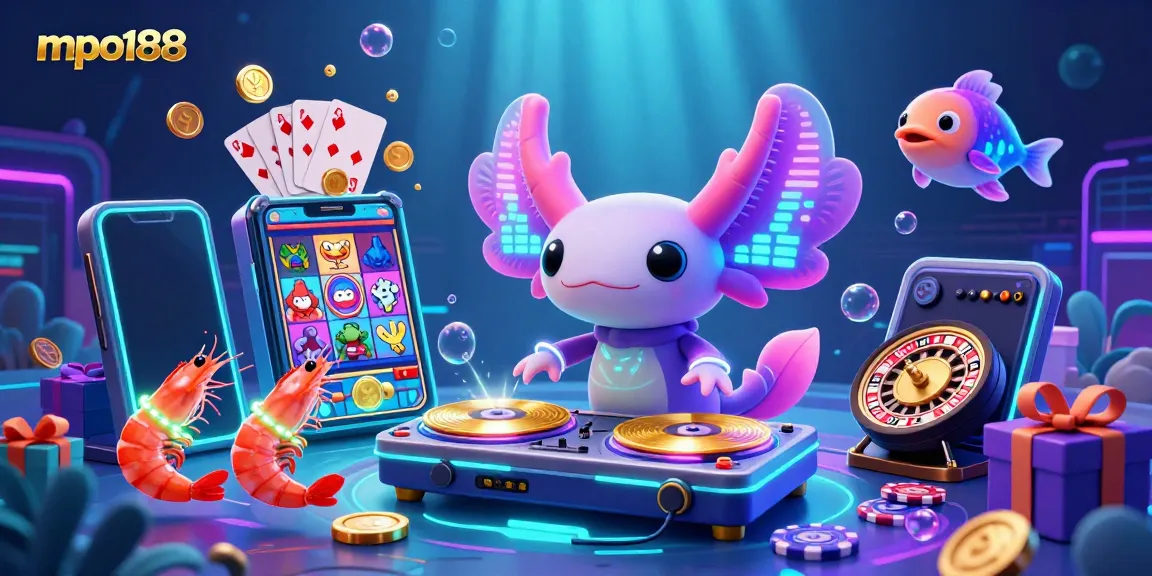 Ilustrasi 3D mpo188 menampilkan DJ axolotl dan elemen permainan kasino yang meriah.