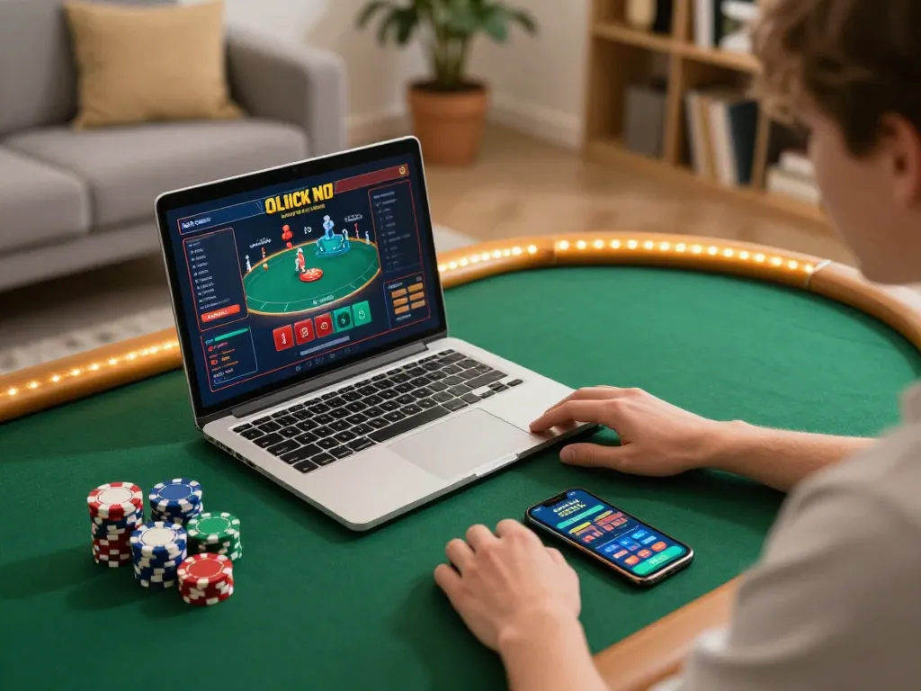 Kuwin player engaged in online poker at home, demonstrating strategic gameplay.