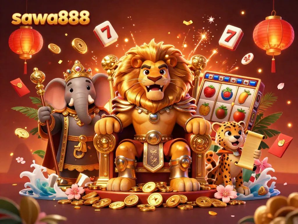 Experience the thrill of sawa888 with a majestic lion king, wise elephant advisor, and swift cheetah messenger.