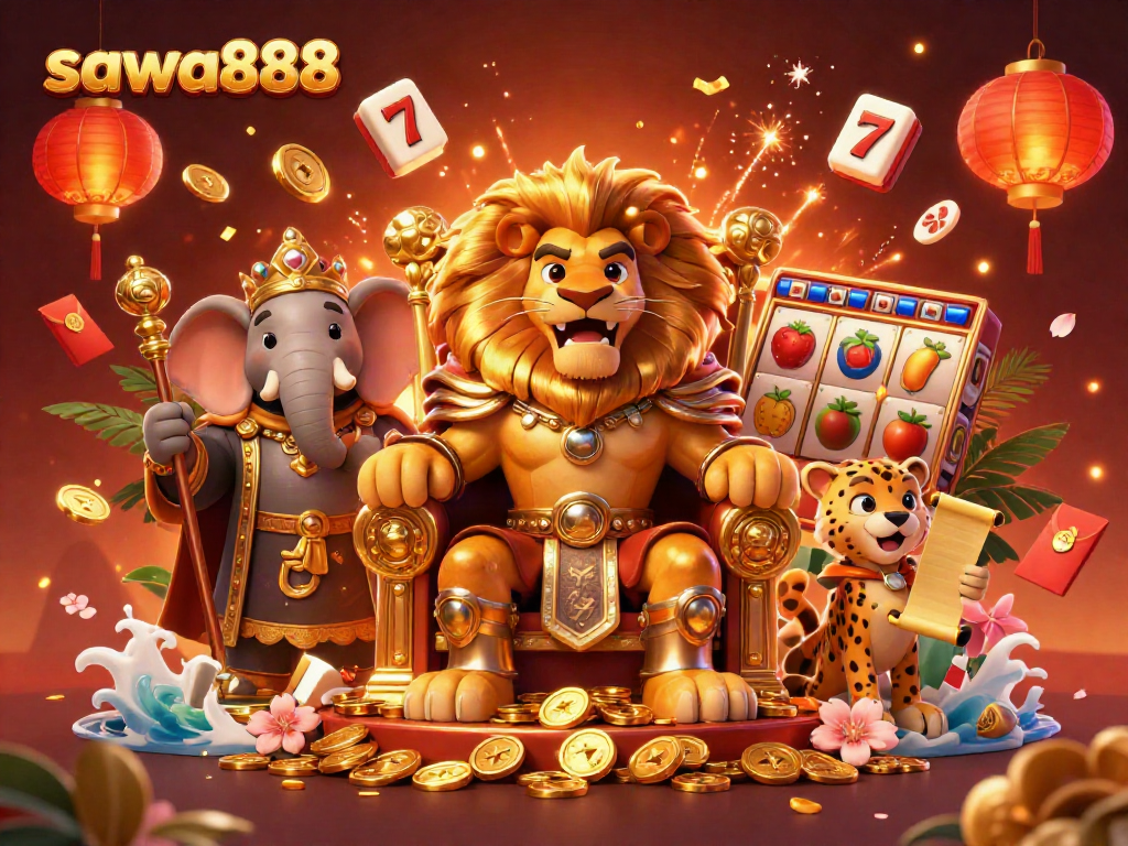 Experience the thrill of sawa888 with a majestic lion king, wise elephant advisor, and swift cheetah messenger.