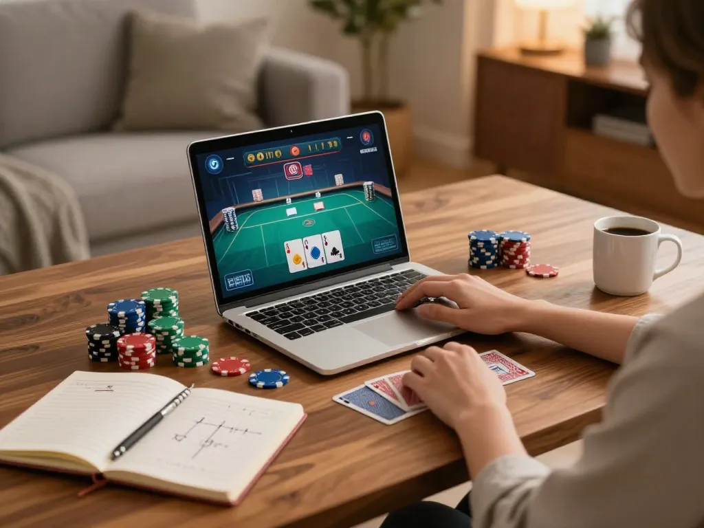Person enjoying online poker on WW88 at home with strategic notes visible.