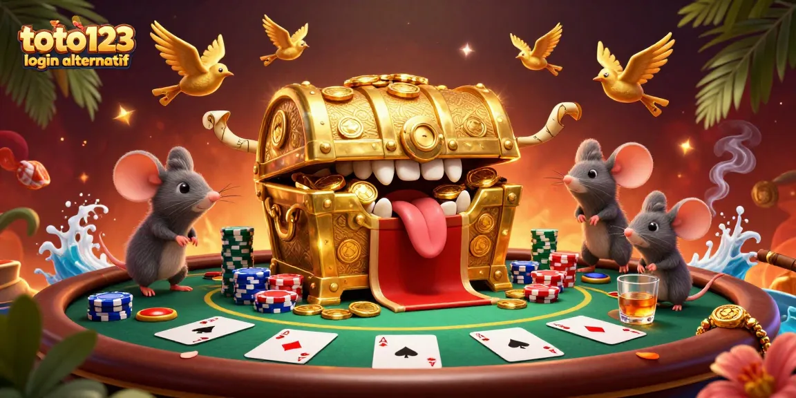 Engage with a vibrant scene showcasing toto123 login alternatif centered around playful treasure characters in a casino setting.