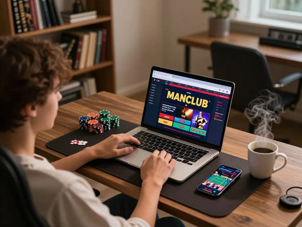 Player engaging in online gaming at MANCLUB with a smartphone and laptop showcasing casino games.
