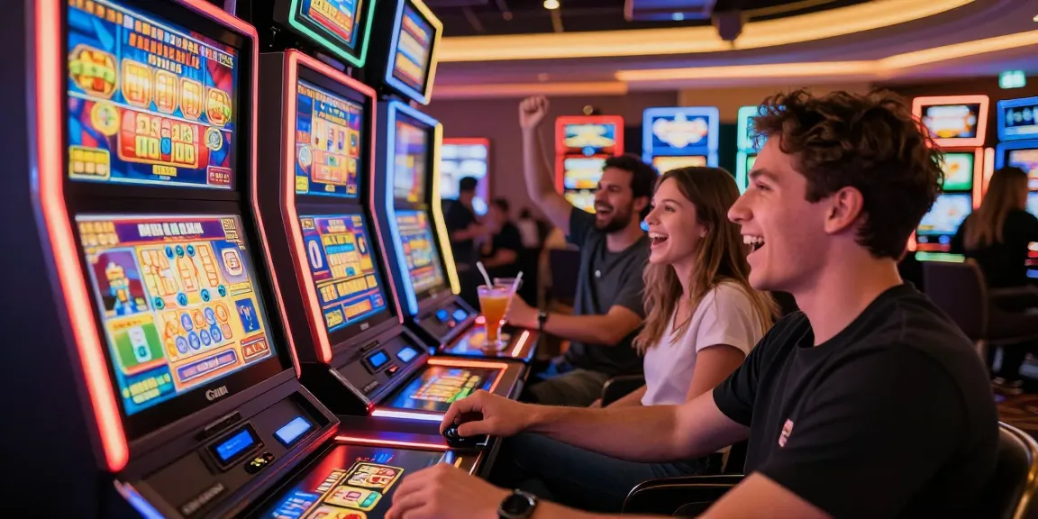 Player winning at slot jackpot machine surrounded by a lively casino atmosphere and colorful lights.
