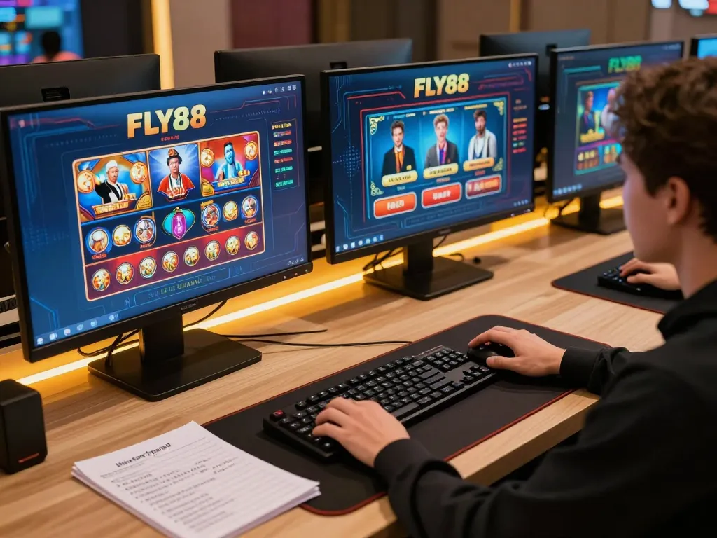 Player enjoying FLY88 games at a modern gaming setup, showcasing strategy and immersive gameplay experience.