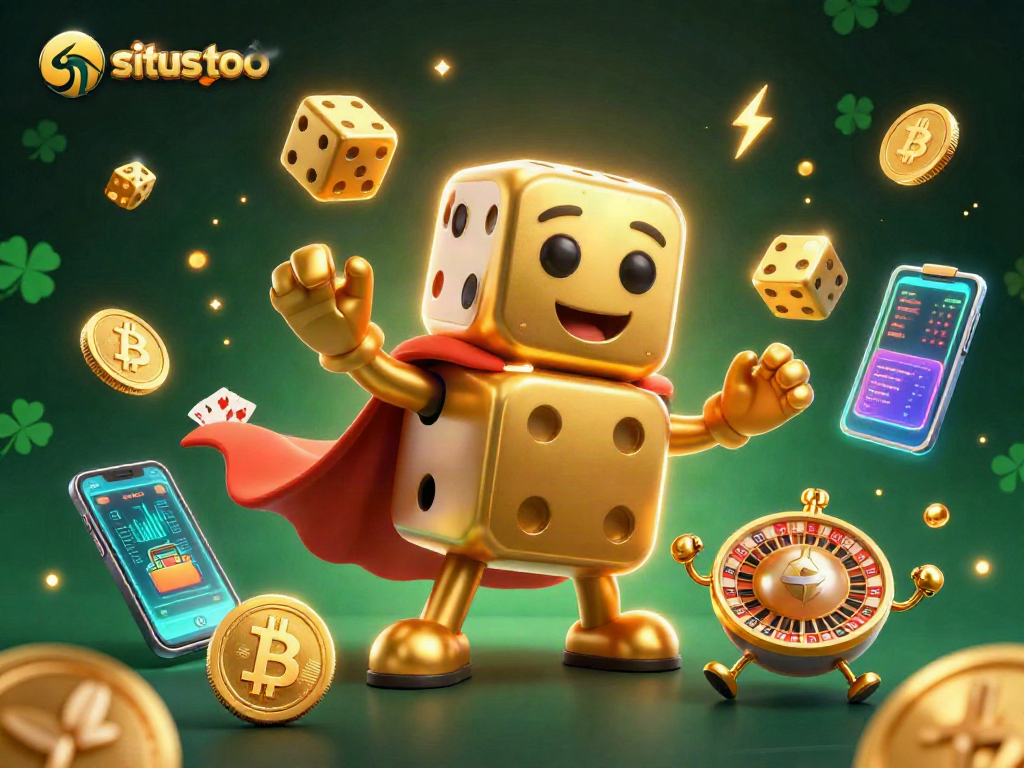 Bermain situs toto dengan dadu emas raksasa dan elemen kasino, pengalaman menarik bagi pemain.