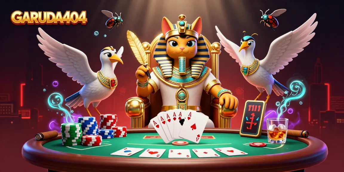 Experience thrilling gameplay with GARUDA404 featuring an Egyptian pharaoh cat and poker elements.