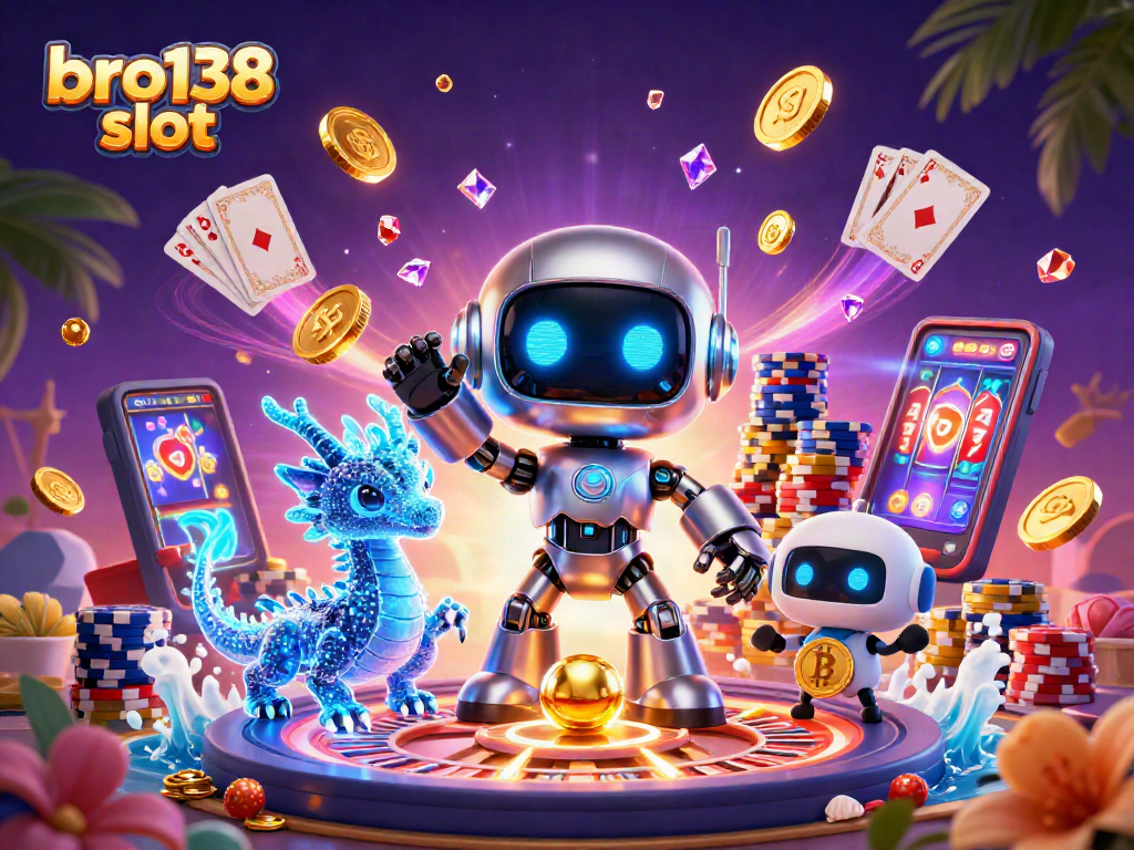 Experience epic wins with the bro138 slot game in this vibrant, animated casino illustration.