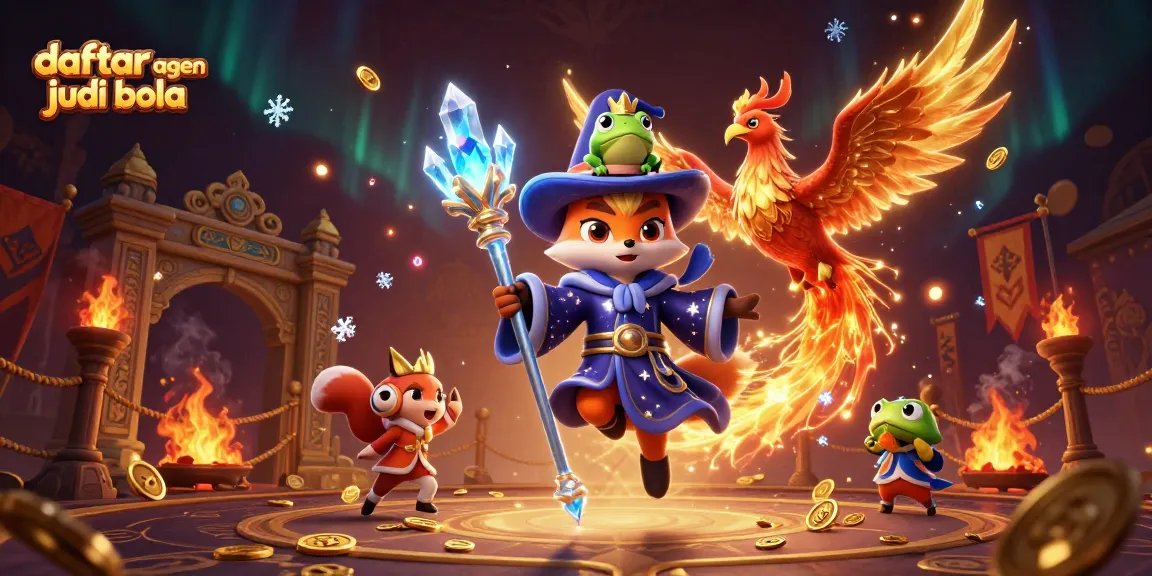 Engage with daftar agen judi bola through a mystical 3D scene showcasing fantasy characters around betting tokens.