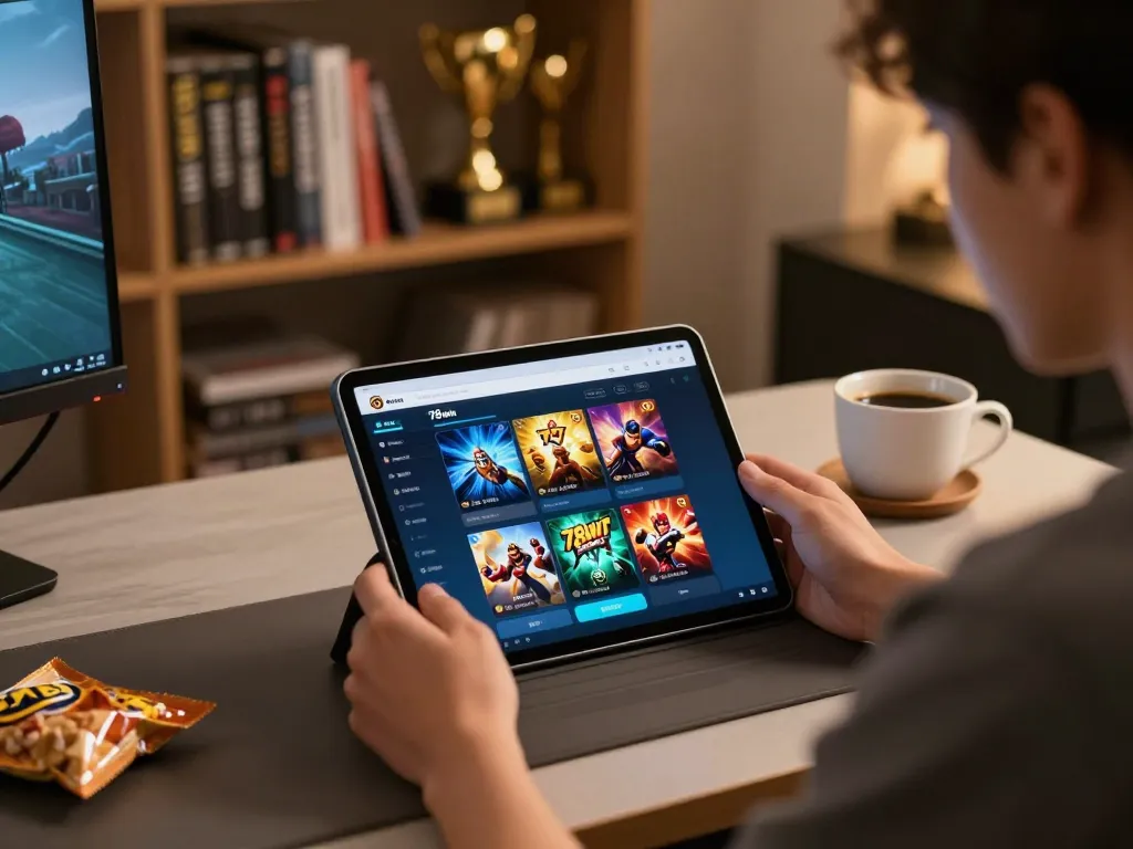 Engaging gameplay on 78win app with user focused on mobile device at cozy desk setup