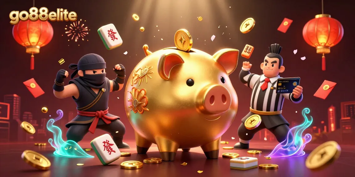 Engage with go88elite's dynamic gaming scene featuring a lively sumo wrestler piggy bank and more!