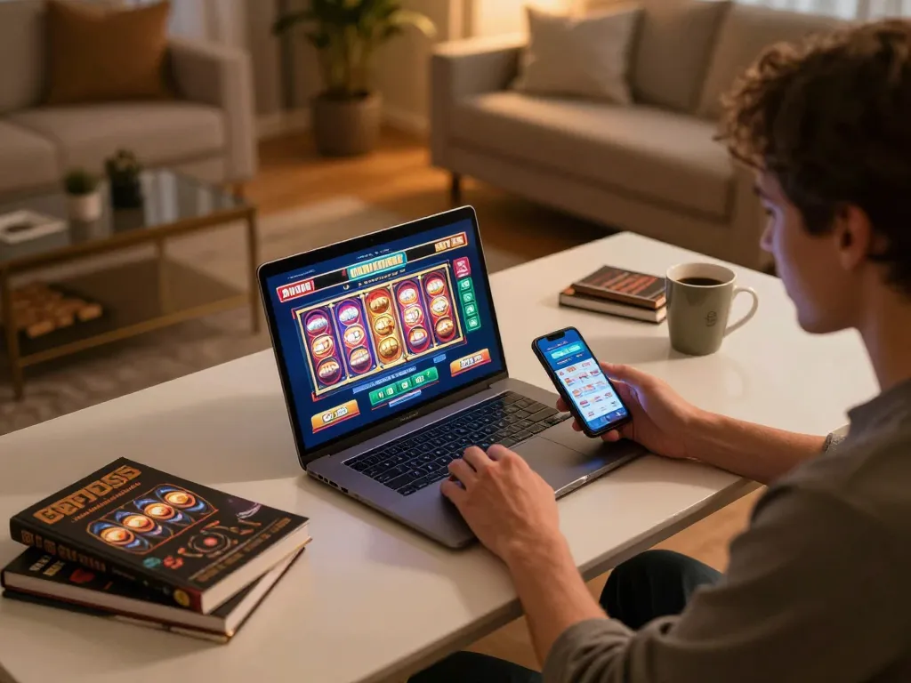Engaging with Pakde4D online slots on a cozy laptop setup, showcasing strategic gaming moments