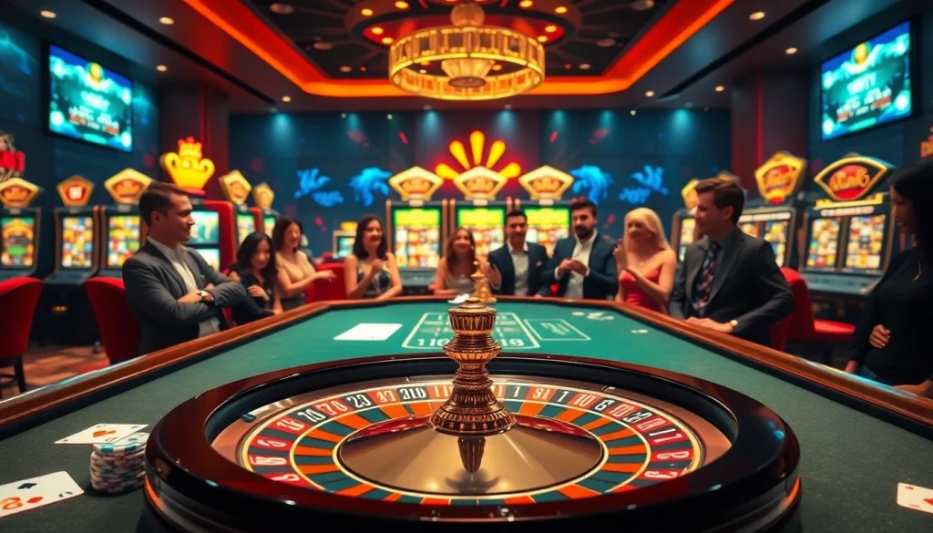 Engaging view of a casino table showcasing kèo nhà cái 5 with vibrant poker chips and lively players.