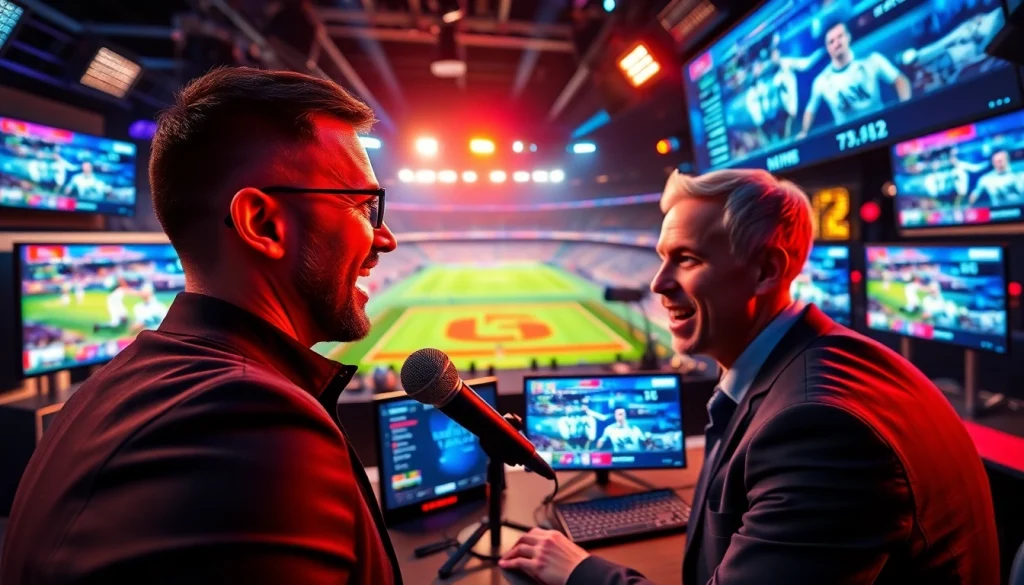 Engaging sports broadcasting scene with a commentator and vibrant studio setting.