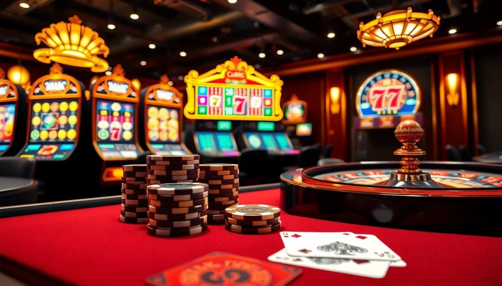Adegan perjudian online yang menarik menampilkan vipforbest.com/ru/settlepay/registration dengan slot warna-warni dan keping poker.