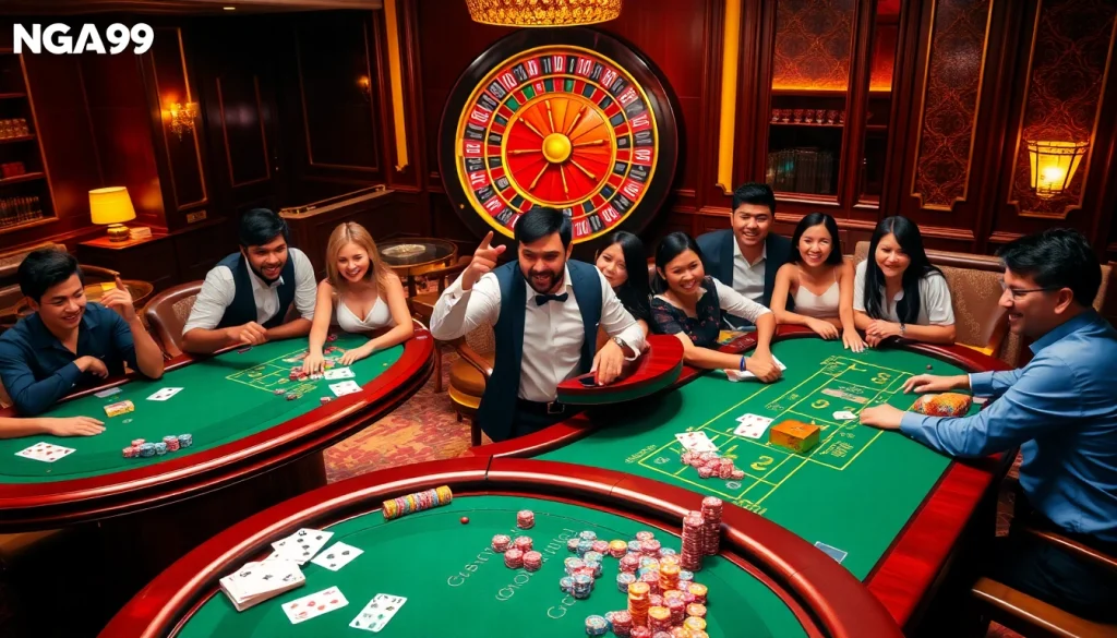 Naga99 casino scene with players at tables, showcasing luxury and excitement in gambling.