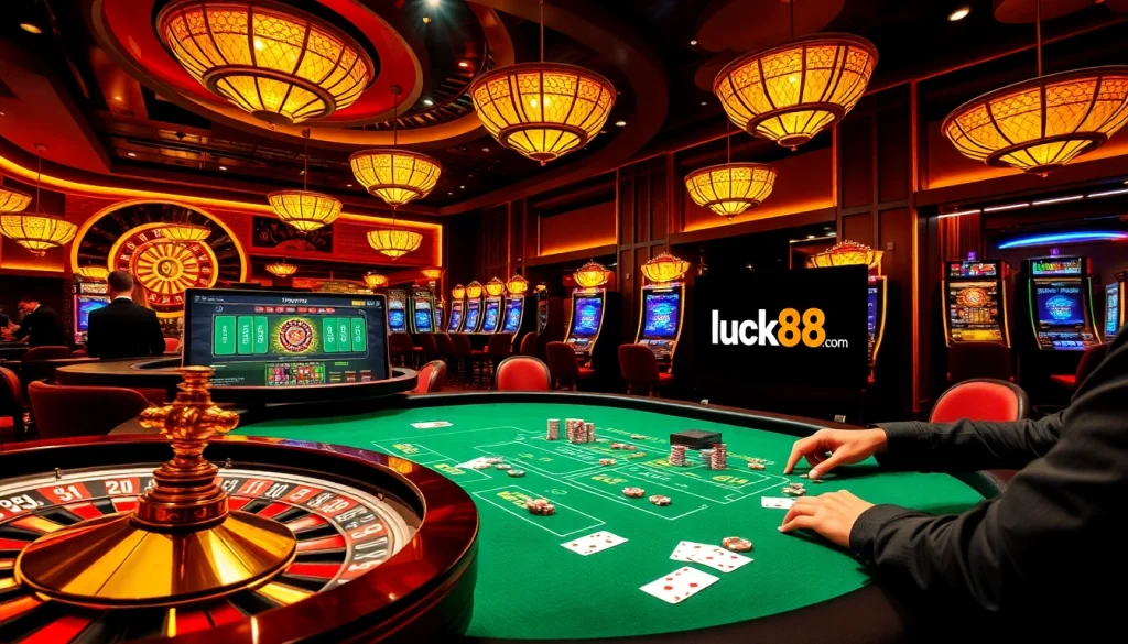 Players engaging in table games and slot machines at luck88 com's luxurious casino.