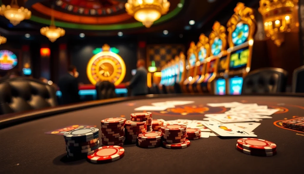 Engaging scene depicting Top 10 nhà cái uy tín poker atmosphere with vibrant cards and chips.