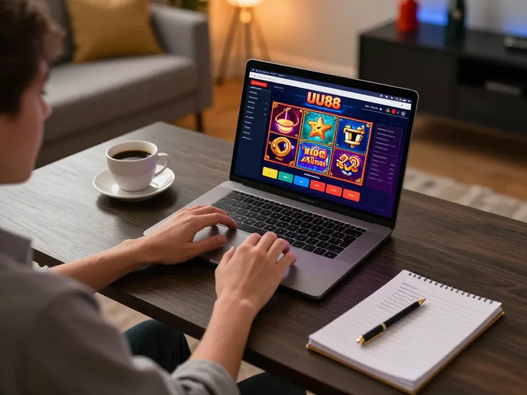 Engaging in exciting gameplay on the UU88 platform with a laptop and strategic notes in a cozy home setting.