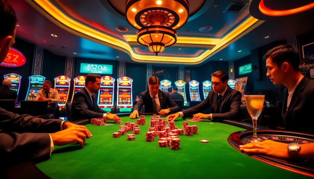 Experience thrilling gaming action at B52 Club with vibrant poker tables and exciting slot machines.