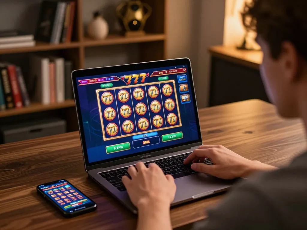 Engaging online gambling moment with slot777 game interface displayed on laptop