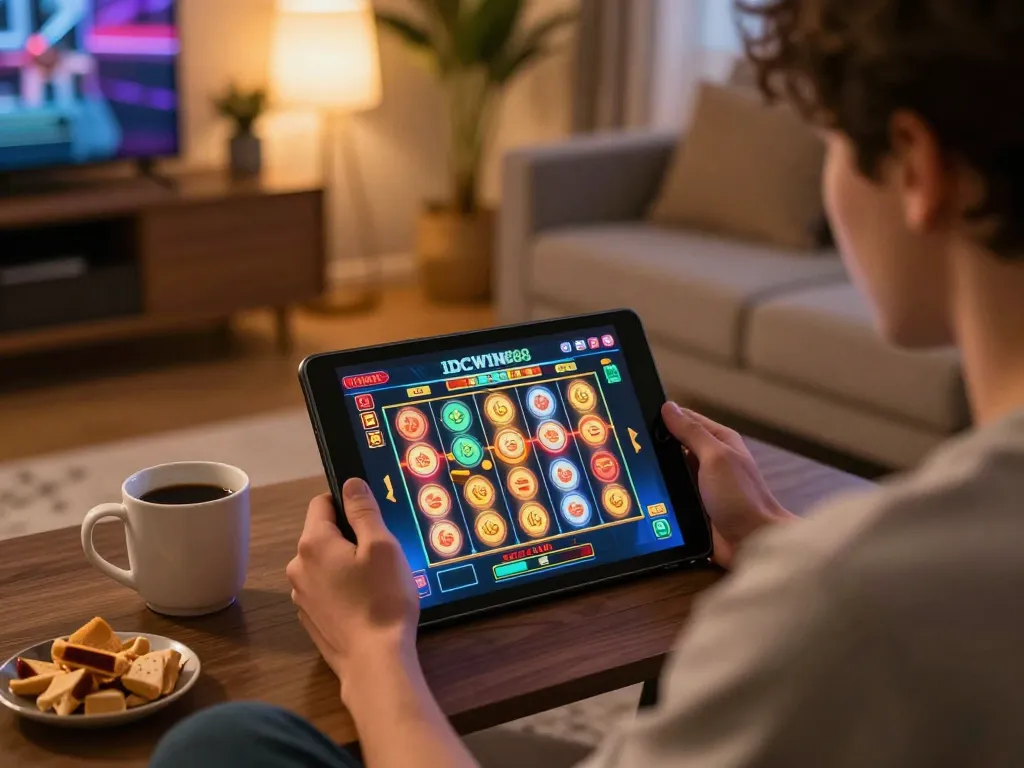 Engaging player enjoying IDCWIN88 slot game on tablet in cozy living room setting.