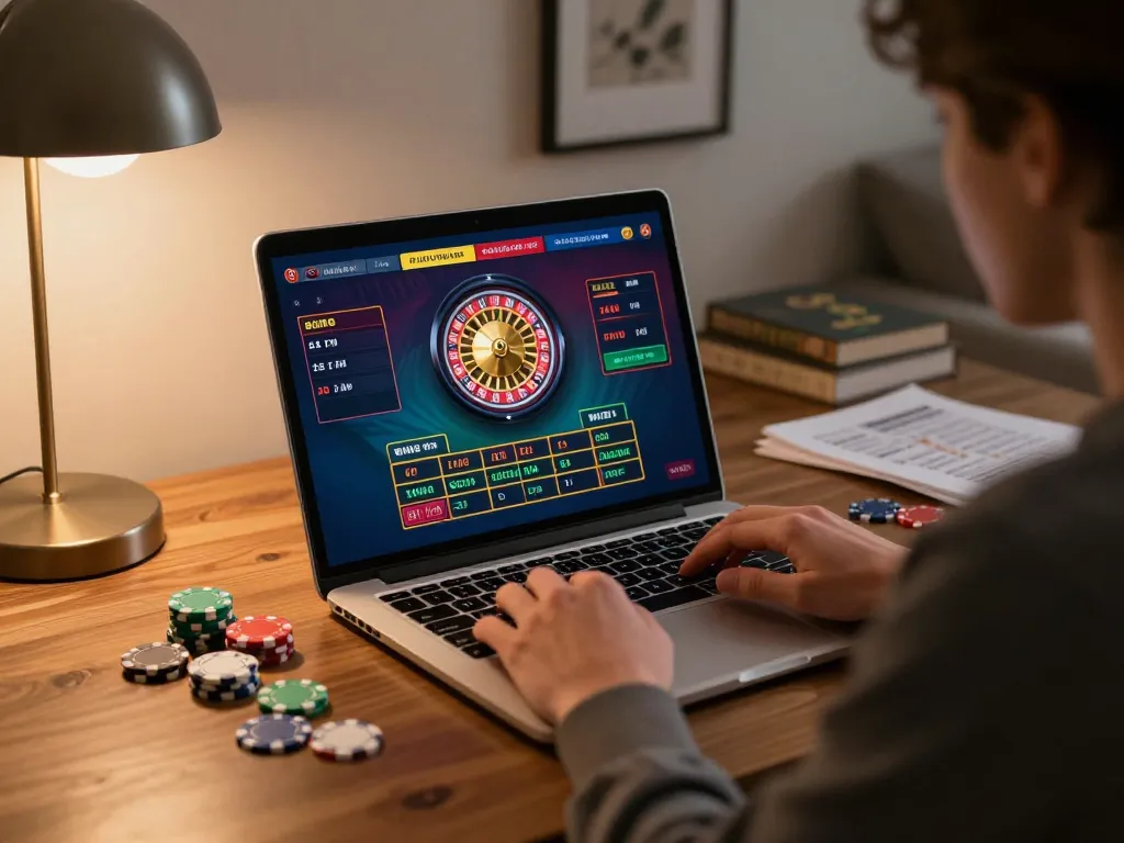Engaging in online roulette gaming on go8 during a cozy home setting, with colorful chips and a warm atmosphere.