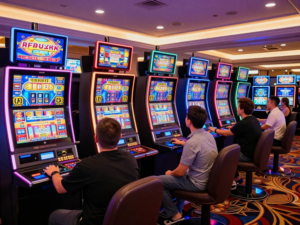 KP88 players engaging with colorful slot machines in vibrant casino atmosphere.
