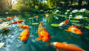 Koi toto yang indah berenang di kolam tenang penuh tanaman air.