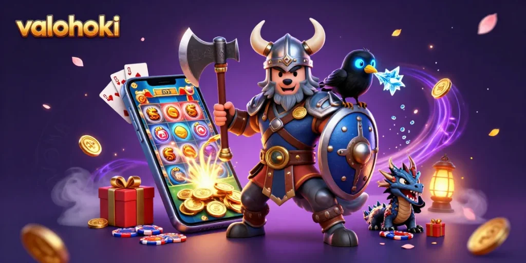 valohoki showcases an epic online gaming scene with a Viking warrior, dragon, and glowing slots