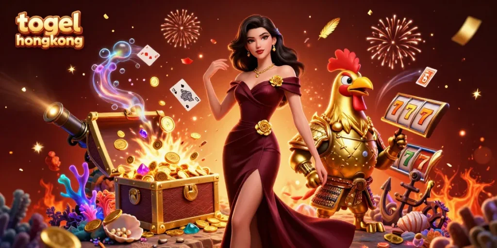 Experience the excitement of togel hongkong with a glamorous gaming illustration featuring vibrant characters and dynamic elements.
