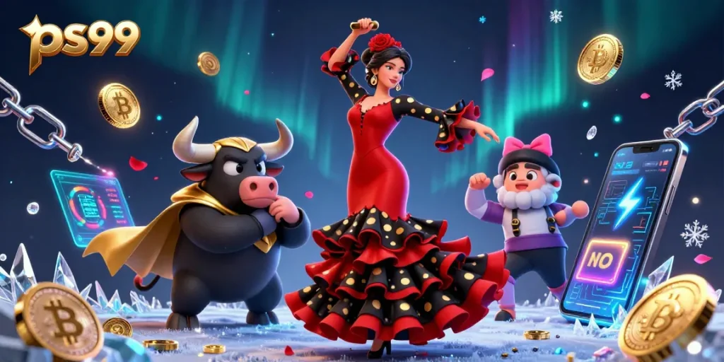 Engage with ps99's thrilling casino action featuring a dancing flamenco woman and a bull amidst crypto visuals.