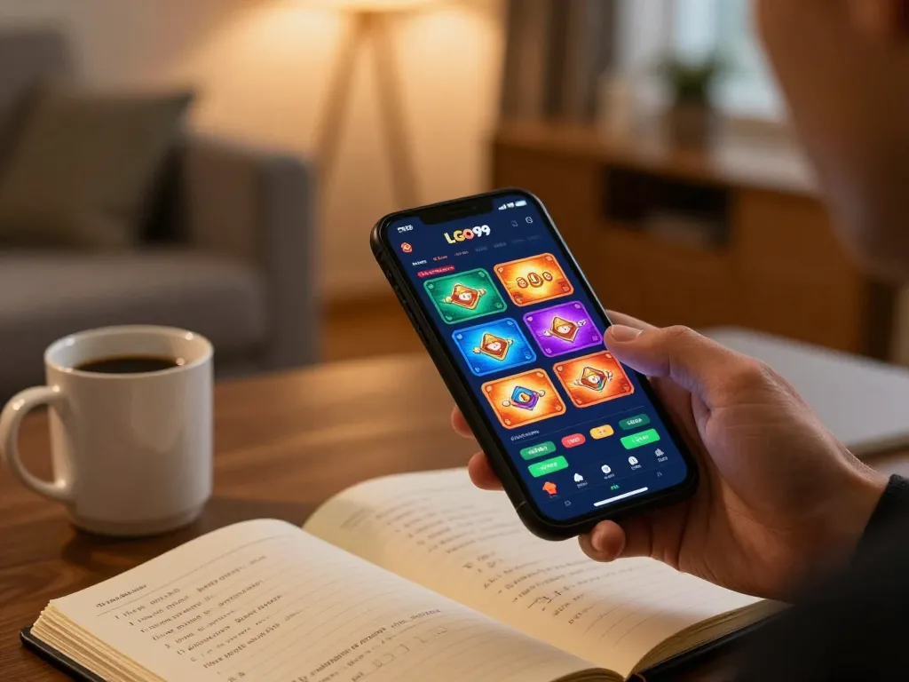 LGO99 player using a smartphone to enjoy vibrant online gaming experience at home with strategy notes.