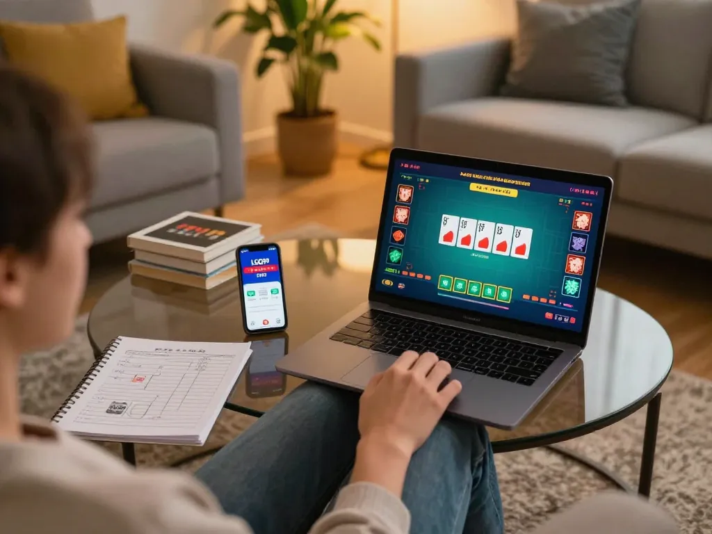 LGO99 user placing bets in an online poker game, cozy home setup with notes and smartphone.