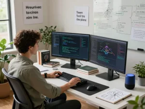 AI development enthusiast showcasing crush ai in a modern workspace filled with tech elements.