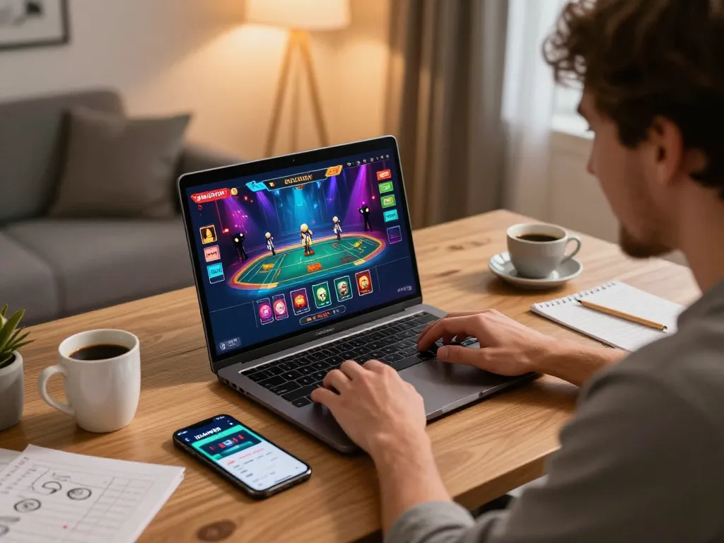Player engaging with IDCASH88 live dealer game on laptop amidst a cozy home office, highlighting modern gaming strategy.
