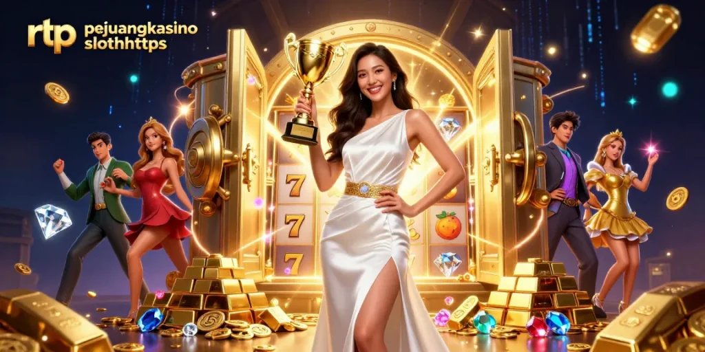 Menang besar dengan rtp pejuangkasino slothttps, menampilkan seorang wanita Asia merayakan kemenangan di kasino mewah.