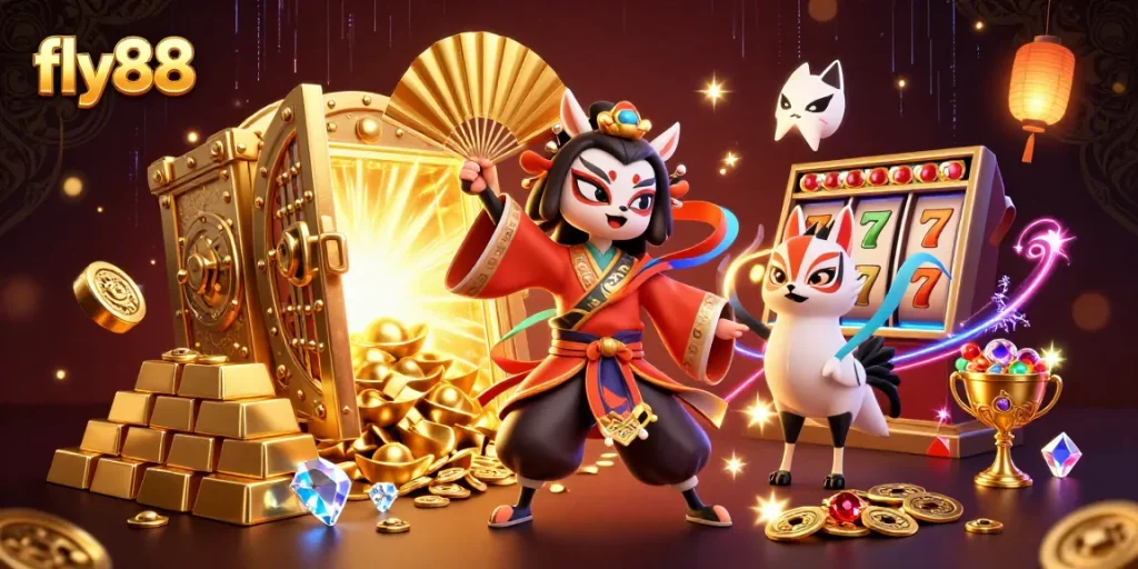 Engage with fly88's vibrant 3D illustration showcasing exciting casino elements and a kabuki warrior.
