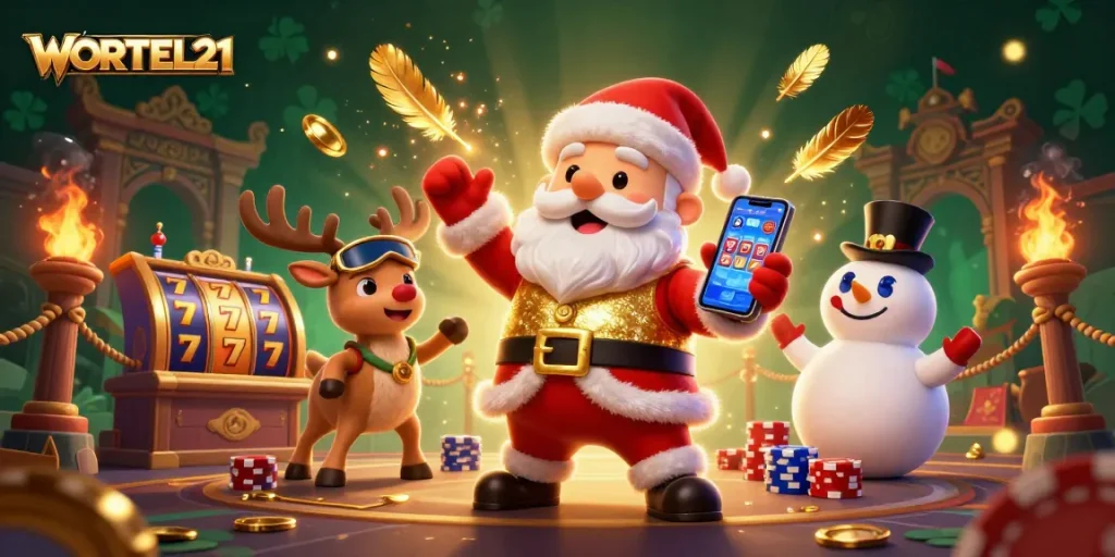 WORTEL21 showcases a festive scene with Santa Claus enjoying jackpot slots, surrounded by fun casino elements.
