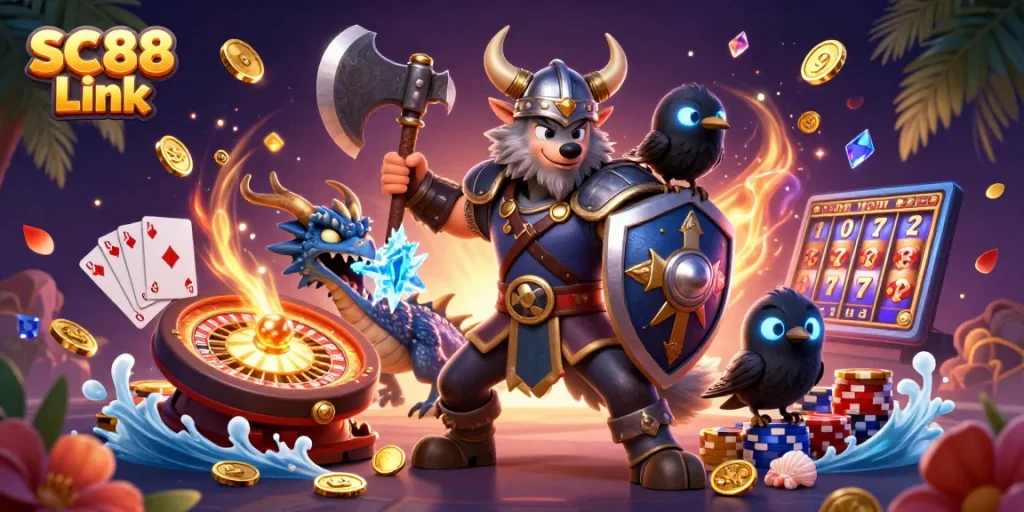 Engage in thrilling gameplay with SC88 Link featuring a Viking warrior, dragon, and casino elements.