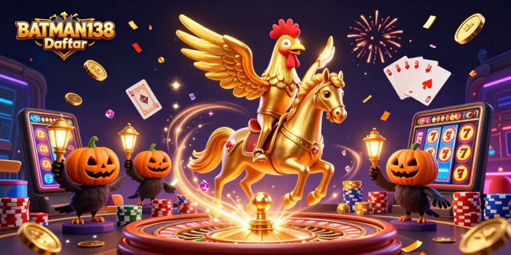 Engage with BATMAN138 Daftar as the golden rooster leads a vibrant casino celebration.
