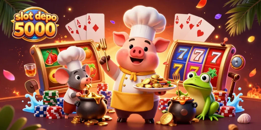 Experience the thrill of winning at slot depo 5000 with vibrant characters and rich casino elements in this dynamic illustration.