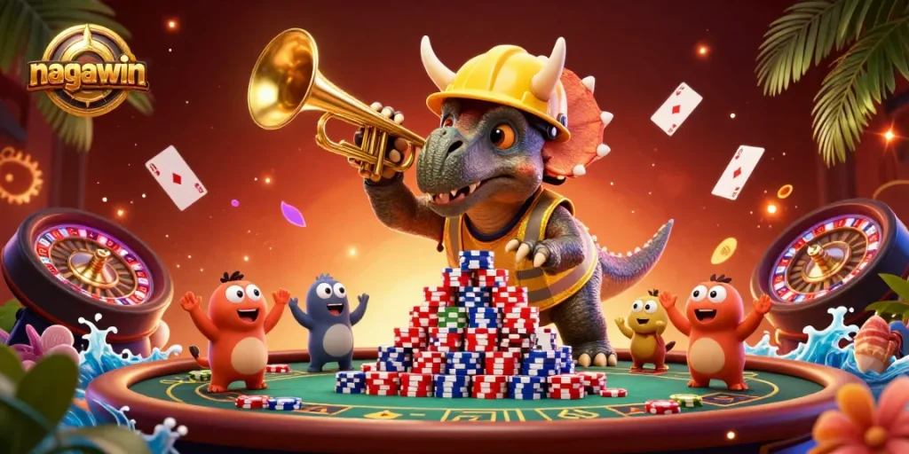 Nagawin celebrates with a cartoon triceratops constructing poker chip pyramids while a parasaurolophus plays a celebratory tune.