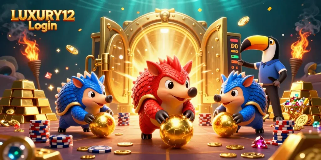 LUXURY12 Login featuring cartoon pangolins amidst casino games and treasures, showcasing a dynamic gambling scene.