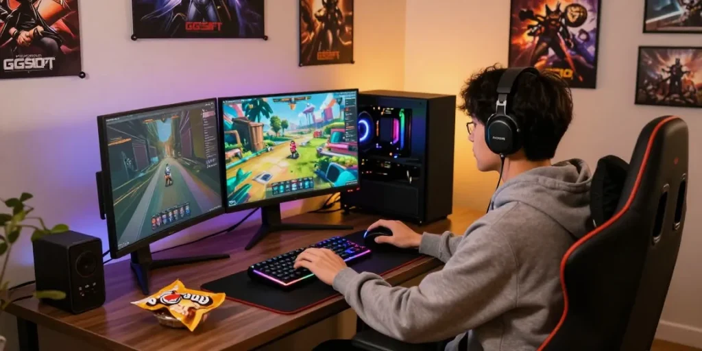 Setup bermain game GGSOFT yang modern dengan gamer terlibat dalam permainan di ruang cozy.