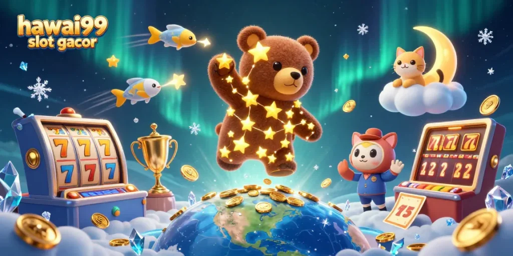 Play exciting games at hawai99 slot gacor with a captivating bear character and vibrant casino elements.