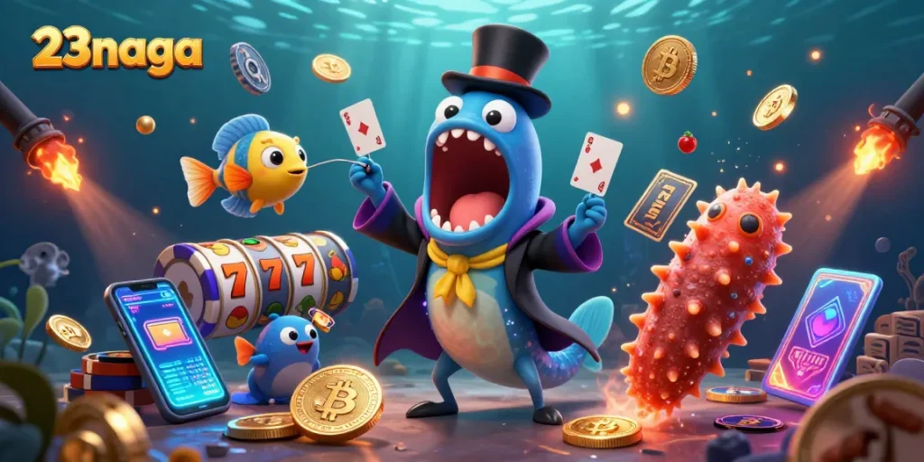 Ikan belut gulper 23naga melakukan trik kartu dengan jackpot dan simbol slot di bawah laut.